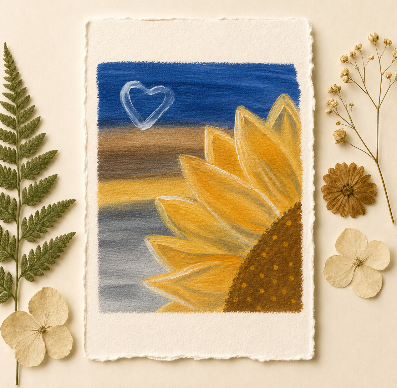 September featured hand-painted sunflower art print with pressed botanicals