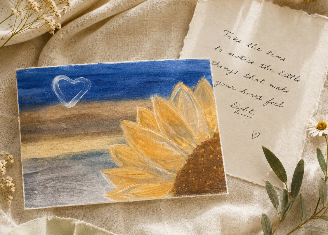 Hand-painted sunflower canvas with an encouraging quote card on cream linen